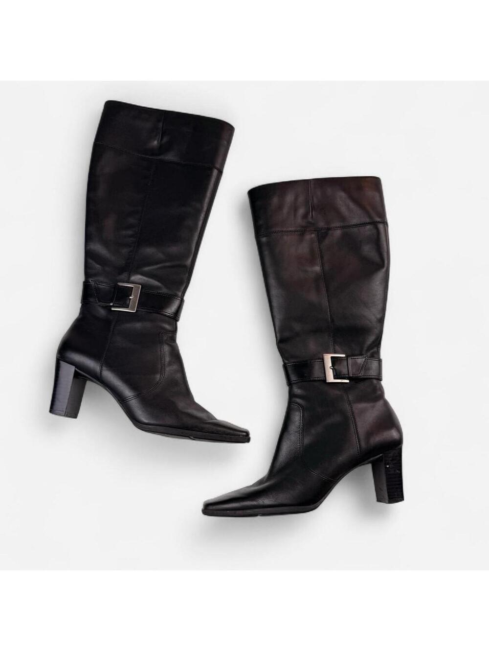 Y2K Vegan Leather Buckle Knee High Boots in Black